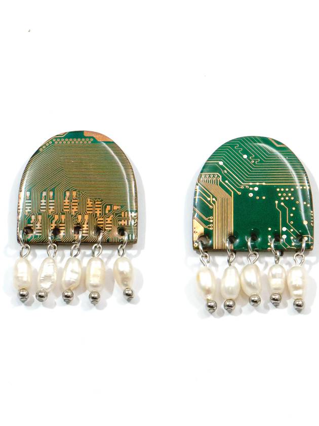 Pearly Bits Earrings in blue, green, and yellow, featuring colored components and a delicate pearl accent, made from recycled PCBs and UV resin.
